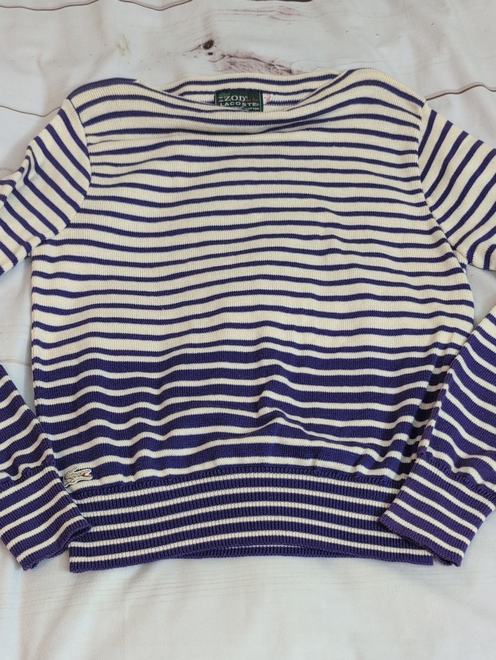 Vintage Izod Lacoste Women's Purple and Cream Stripped Cotton Sweater 60s Large